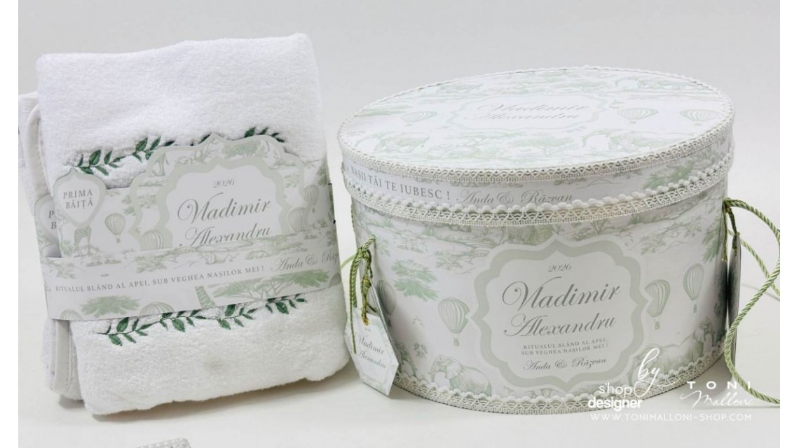 Set prima băiță Green Safari personalizat băiat ritual după botez cu nașii 19